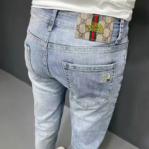 xcfreht潮流刺绣牛仔裤男韩版休闲弹力百搭修身小脚裤潮牌高端浅色九分裤 亿牛9930蓝色加绒加厚 30