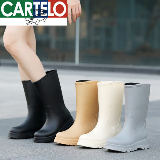卡帝乐鳄鱼（CARTELO）时尚高筒雨靴女士四季防水防滑胶鞋厚底长筒水鞋厨房洗车雨鞋女款 高筒/黑色+可拆绒套 (拍大一码) 39 -40
