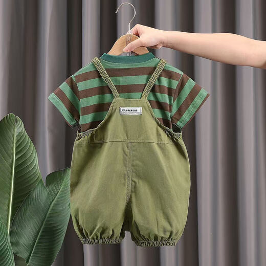 [Traje de pandeliers] ropa para niños para niños correa de color sólido 2025 pantalones sueltos de verano traje verde musgo 100