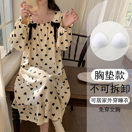 Qin Nuan 2025 new spring and autumn long-sleeved women's nightgown pajamas with chest pads integrated large size for outdoor wear 16857 without chest pads M (recommended weight 80-100 Jin [Jin equals 0.5 kg])