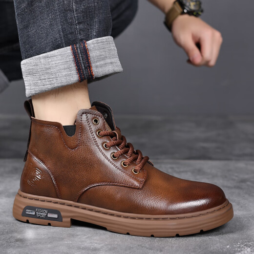 IIIBRO Invierno Top Capa de cuero de vaca Botas de nieve botas para hombres Zapatos de cuero para hombres calientes zapatos de algodón engrosados ​​de algodón 37 a 45 6627 marrón más terciopelo 40 (tamaño de cuero normal)