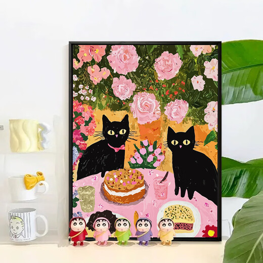 森系奶油风猫猫数字油画diy油彩画手工丙烯填充填色手绘成人解闷 XH12855 60*80cm_PS免组装黑色外框(其他
