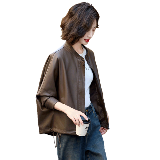 拉夏贝尔（La Chapelle）美拉德皮衣外套女2024新款春秋短款宽松休闲复古PU皮机车夹克上衣 咖啡色 M 【建议115斤以下】