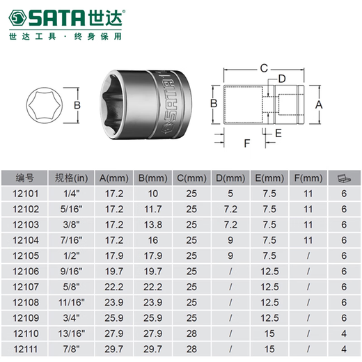 世达（SATA）世达工具英制套筒头10mm3/8标准中飞六角套筒电动扳手套筒套管 12 12107/5/8