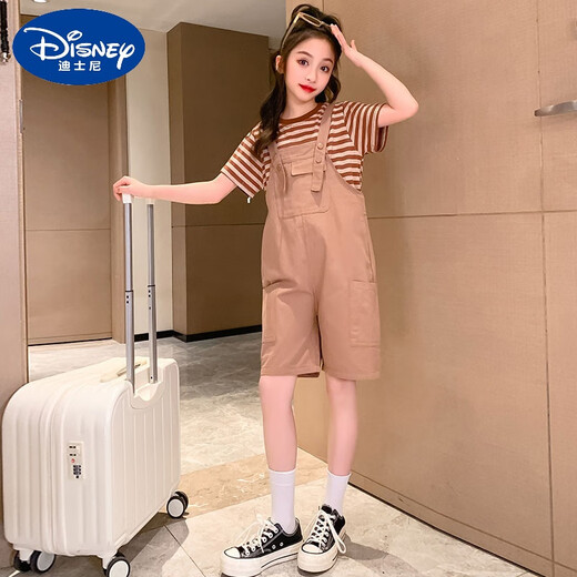 Disney Girls Summer Overalls Set 2025 New Children's Fashionable and Fashionable Medium-Grand Children's Internet Celebrity Street Two-Piece Set Pink 110 cm