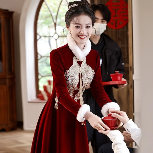 Li Baixin Chinese Cheongsam Toast Wear Bride 2025 Long Sleeve Red Out-of-Pavilion Wedding Return Engagement Dress Thickened Autumn and Winter Burgundy M Recommended 90-100Jin Jin is equal to 0.5 kg