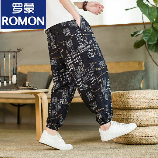 罗蒙（ROMON）亚麻夏季男士裤薄款男人灯笼裤宽松束脚九分哈伦休闲裤大码花裤子 299条纹 棉麻 M 【建议90斤-120斤】