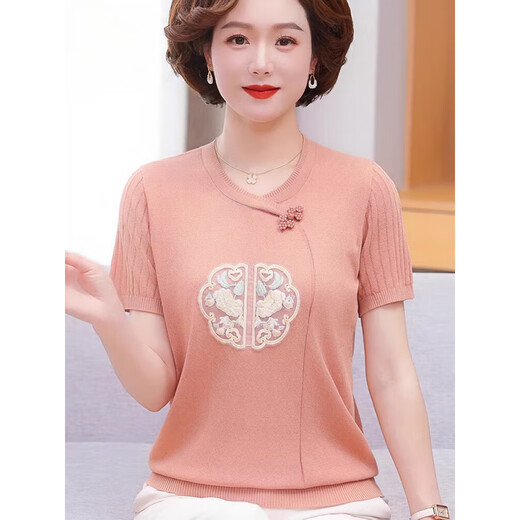 Xiangge old lady summer dress grandma short-sleeved ice silk middle-aged and elderly women's new Chinese knitted shirt fashionable T-shirt mother summer 9923 light powder M Recommended 85-100 Jin [Jin equals 0.5 kg]