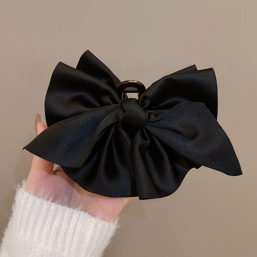 Xinghengmeng Big Bow Clip Women's 2024 High-end Face Revealing Small Back Head Hair Shark Clip Large Clip Hairpin Decoration Black Satin Bow Clip