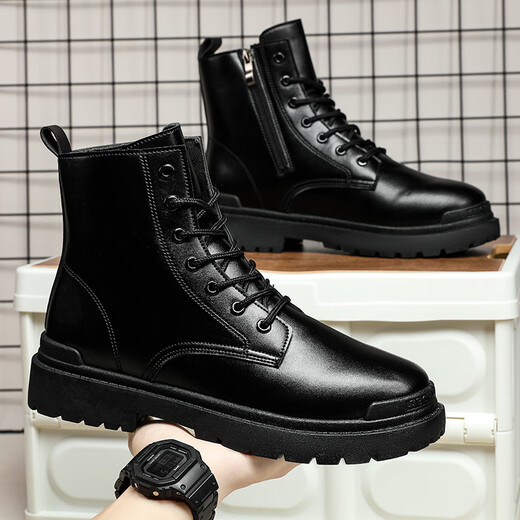 Botas Xier Martin Men Nuevas botas de trabajo de estilo británico de alto contenido Botas de cuero retro de moda Botas de motocicleta de suela gruesa Men Negro 40
