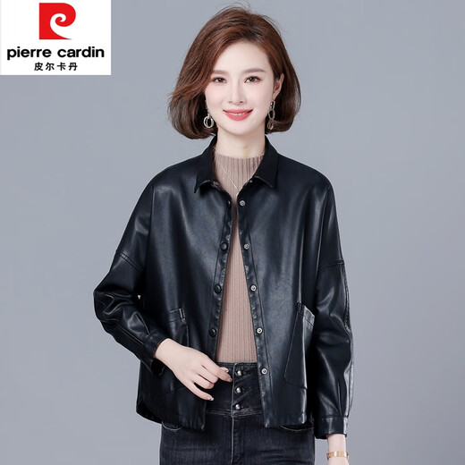 皮尔卡丹（pierre cardin）海宁真皮皮衣女短款春秋新款韩版宽松大尺码皮夹克休闲时尚外套 姜黄色 M 【建议90-110斤】