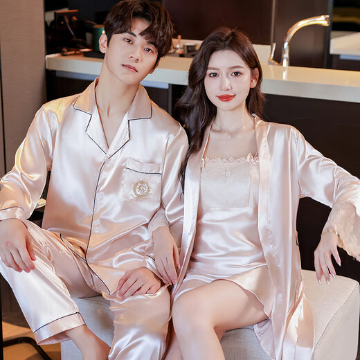 Modal couples pajamas spring and autumn long-sleeved ice silk sexy suspender nightgown for women and men two-piece home clothes 002 champagne color long-sleeved couple's robe 2XL female XXL male L