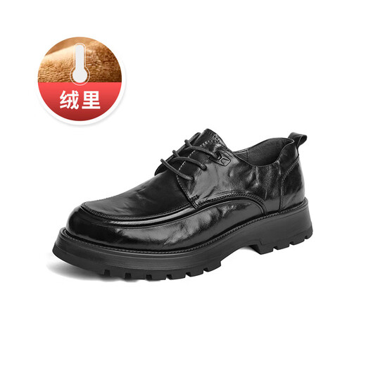 百丽褶皱商务皮鞋男牛皮厚底正装鞋A1422AM4 黑色-绒里 42