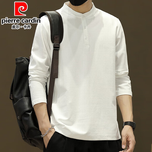 Pierre Cardin Casual Stand Collar Long Sleeve T-Shirt Men's Spring Thin Tops Plus Velvet Casual Henley Collar Polo Bottoming Shirt 56119 Brown Style Regular 2XL About 140-155Jin Jin is equal to 0.5 kg