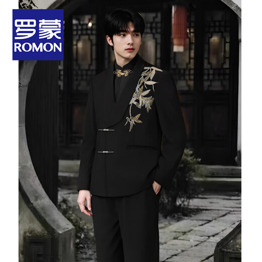 Romon (Romon) Neues chinesisches Männer-Verlobungsanzug Set chinesischer Stil Goldkragen Zhongshan-Anzug Gold Bambus gestickter Jungen Erwachsener Kleid Anzug neu