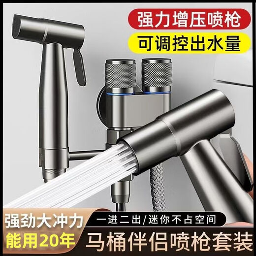 Jiumu Wangshijia all-copper gun ash toilet flushing spray gun household pressurized one-in-two-out bathroom flusher toilet water spray gun gun ash main body-3 meters set-stainless steel spray gun bracket type