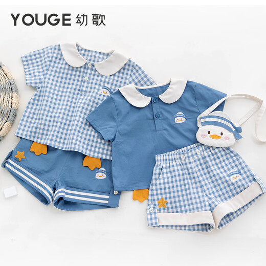 YOUGE Little Mint Summer duck-shaped soft and breathable loose navy style top and shorts set blue and white plaid (shirt) 80 cm