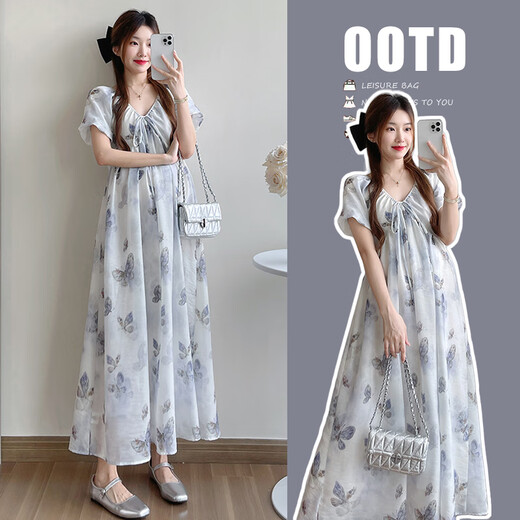 衣百壹（yIBAIyI）孕妇装新品2025夏季连衣裙浪漫休闲V领系带收腰长裙宽松孕妇裙子 蓝色 L115-130斤