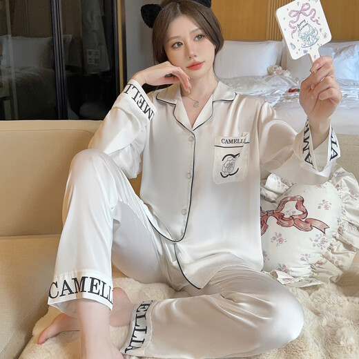 珍韵缘春秋夏季睡衣女冰丝长袖薄款开衫性感仿真丝高级感白色甜美家居服 13807#白色 M