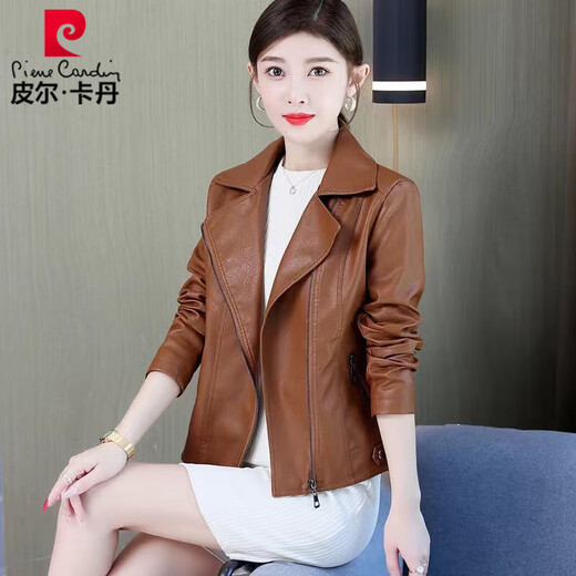 皮尔卡丹春秋款机车皮衣外套女妈m妈皮衣薄款显瘦休闲皮夹克皮衣女 黑色 L 90-105斤