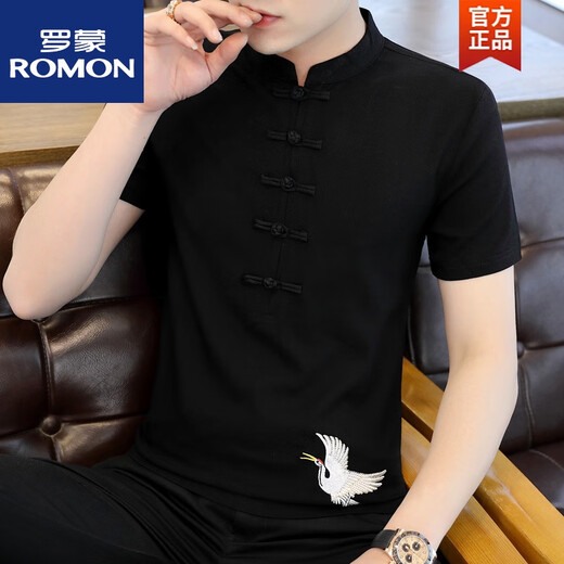 ROMON new summer cotton linen short-sleeved T-shirt for men's stand-up collar Chinese style embroidered large size Tang. Button top Han. Clothing black 9871 stand-up collar short sleeve M