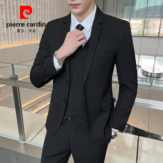Pierre Cardin Casual Suit Men's Slim Business Professional Formal Korean Groomsmen's Dress Groom's Host Suit Jacket One Button Navy Suit + Vest + Pants Belt 3XL
