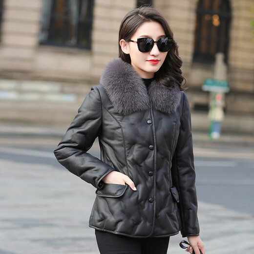 Zhe Shifan Haining Leather Jacket Winter 2025 New Fox Fur Collar Fur Slim Sheep Leather Down Jacket Women's Short Black XL 116Jin Jin equals 0.5kg --125Jin Jin equals 0.5kg