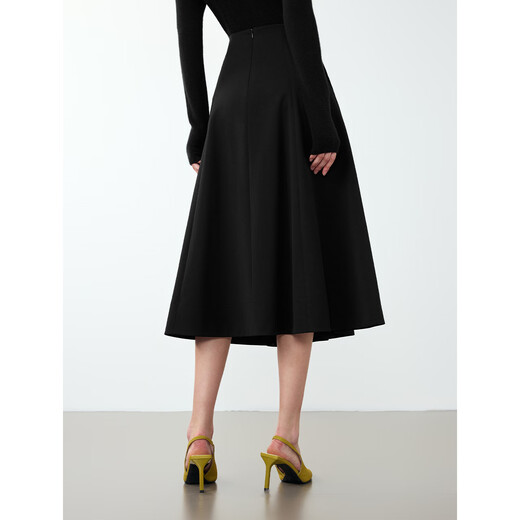 Langzi Wool Design High Waist Umbrella Black Skirt Winter New Style Slim Fashion Skirt Black M