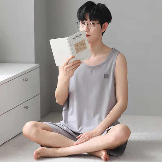 浪莎莫代尔睡衣男背心夏季薄款青年大码休闲家居服可外穿2件短裤套装 12027 2XL 建议140-160斤