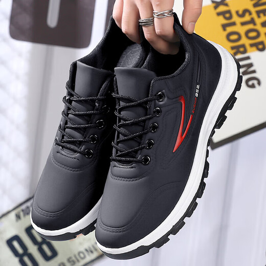 Hongxinger sports shoes men's leather sports versatile casual running shoes trend all black kitchen waterproof 916PU black gray 41