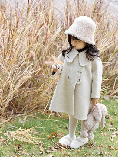Disney Korean Children's Woolen Coat 2025 Autumn and Winter Baby and Middle-aged Children's Woolen Thick Woolen Coat Windbreaker Beige Gray Thick Woolen Coat 110 (Follow the store for priority delivery)