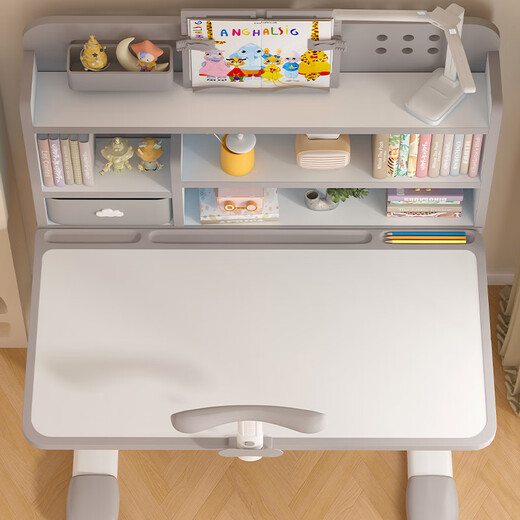 Pupil memory children's learning desk and chair set, liftable and lowered reading bookshelf, multi-functional desk and chair, household writing desk, treasure gray-environmental anti-aldehyde [three-layer large bookshelf]