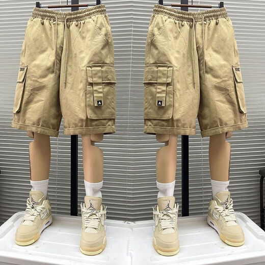 才俏工装短裤男士夏季薄款美式多口袋中裤宽松直筒运动外穿休闲五分裤 Y728黑色军绿【两条】 L 建议105115斤