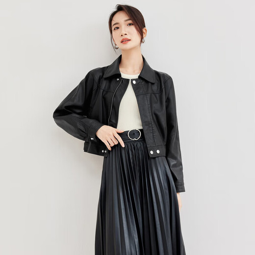 尚都比拉经典百搭翻领PU皮衣秋冬小个子短外套女夹克 黑色 M 