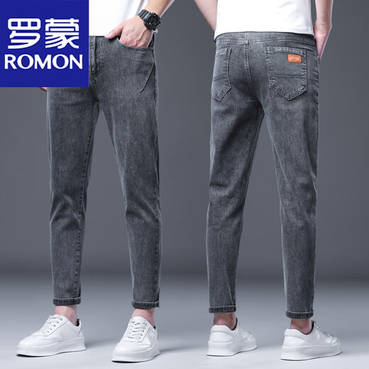 罗蒙（ROMON）新款九分裤牛仔休闲裤男士春秋新款修身小脚弹力百搭显瘦小直筒裤 6621灰色【九分款】 34 【腰围约2尺7】