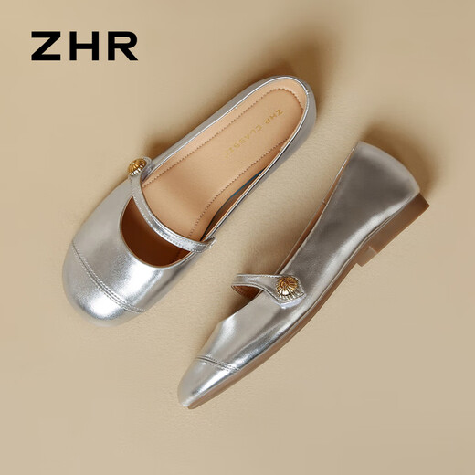 ZHR Mary Jane shoes for women spring and summer real cowhide round toe women's shoes temperament commuting single shoes for women BT88 silver 38