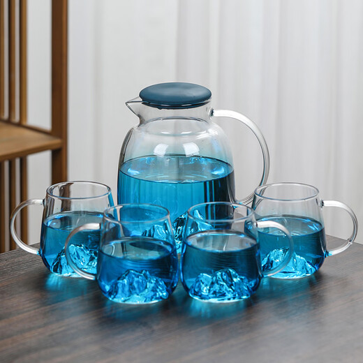 Su's ceramic high borosilicate glass large capacity cold water kettle, juice kettle, cold water cup, glass cup, mountain kettle, gradient blue, one pot, four cups