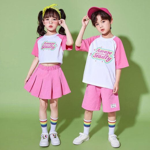 YAWULFE幼儿园啦啦队六一儿童节演出服可爱风粉色短袖拉拉操舞蹈表演服装 605粉白拼色短袖+701粉色短裤 120cm