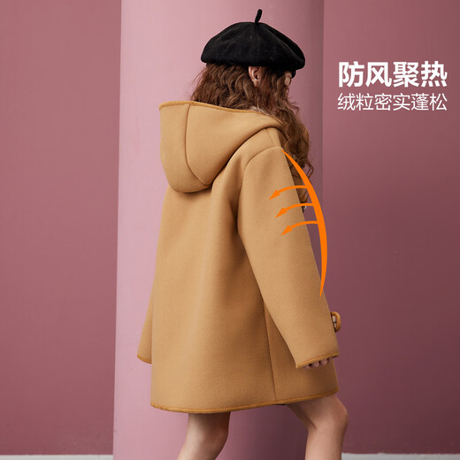ASK JUNIOR Girls' Jacket 2025 Winter Warm Mid-Length Hooded Woolen Coat College Style Woolen Jacket Khaki 140