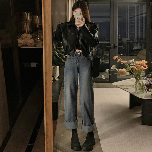 森莲娜（SENLIANNA）2025年春秋季最新款皮衣短外套女士装休闲风小个子上衣服30-40岁 黑色 M 98-108斤