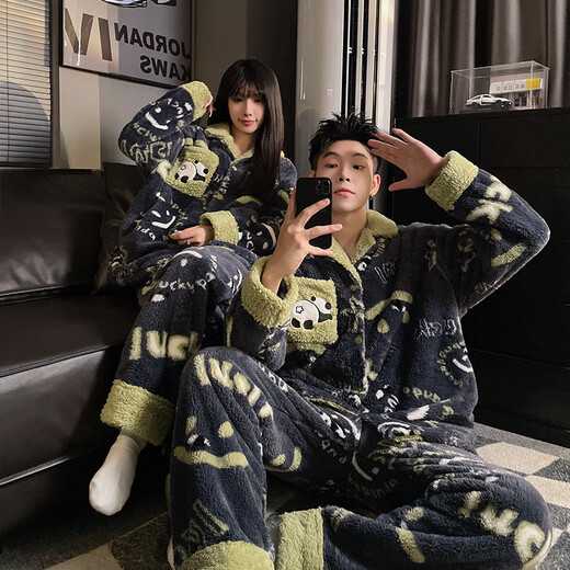 Mengdong Crayon Shin-chan Couple Pajamas for Men and Women Winter Coral Velvet Cute Cardigan Internet Celebrity Style Flannel Home Clothing Set KYX-A59904 XL Men's Style (Recommended 120-145 Jin Jin equals 0.5 kg)