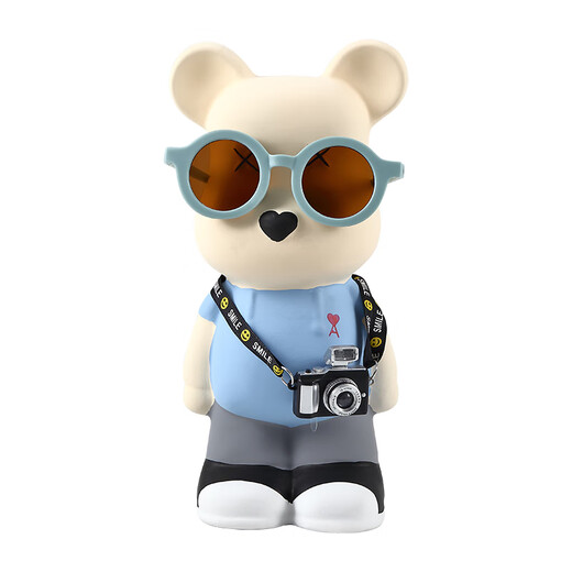 Internet celebrity violent bear cartoon TV wine cabinet living room decoration light luxury high-end ceramic children's piggy bank birthday gift 28cm pink spectacled bear + camera piggy bank