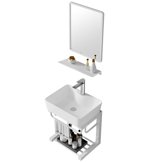 Dipeng Wandmontierter Keramikwaschbecken integriertes Becken kleine Wohnung Einfaches Waatsbeckenschrank Kombination Balkon Bad Waschbecken D4837 Becken + Einschichthalterung + Wasserhahn + Quadratspiegel