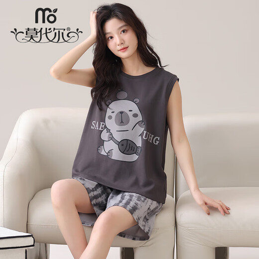 莫代尔夏季新款棉质背心短裤家居服套装女无袖宽松卡通印花休闲睡衣 AG829女 M