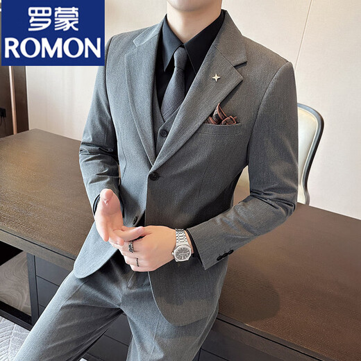 ROMON British business slim suit men's commuter casual school suit professional wear formal groom's dress three-piece suit dark gray suit + trousers 4XL