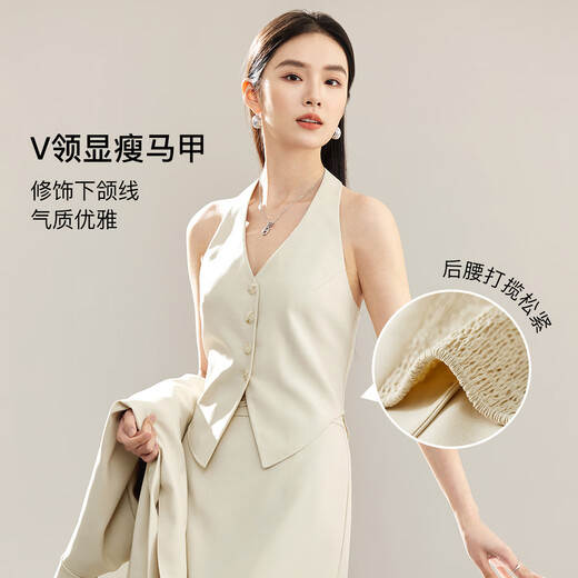 Shandubila Fashion Suit Suit Women's Spring and Autumn Commuting Suit Jacket Vest A-Line Skirt Three-piece Set Oatmeal M