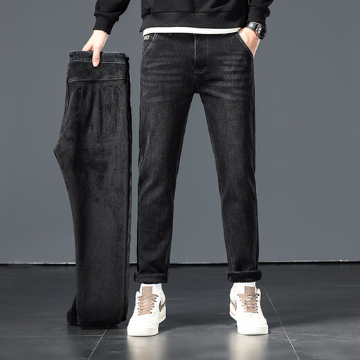 
Yalu men's jeans men's autumn and winter plus velvet thickened men's trousers loose straight and warm high waist fashionable casual elastic middle-aged pants 695-1 black + 695-1 black (2 pieces) 30 (two feet three waist circumference)