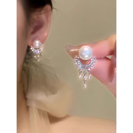 KZD999 sterling silver gentle rich girl pearl tassel earrings women light luxury temperament 2025 new pure silver earrings pearl tassel zircon earrings Lao Fengxiang