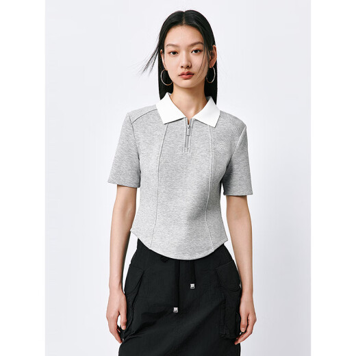 Peacebird zipper POLO shirt short-sleeved T-shirt for women 2024 spring new style lapel short irregular design top gray M