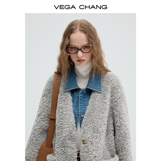 VEGA CHANG皮毛一体外套女2025年秋冬新款牛仔拼接假两件毛绒上衣 藜麦灰 S